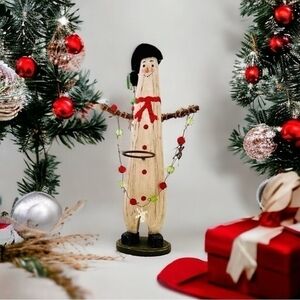 Snowman Candle Holder 16.5" Wood Santa Hat Figurine Christmas Decor Very Good